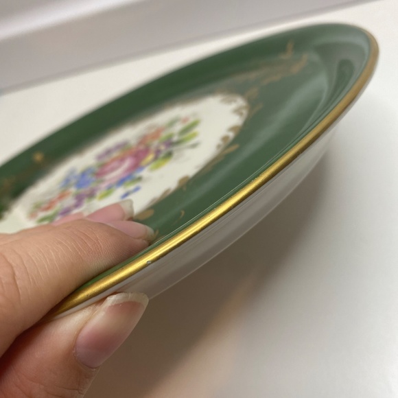 Two Vintage France Plates Hand Painted Floral Green & Gold Accents About 8” Wide - Picture 13 of 15